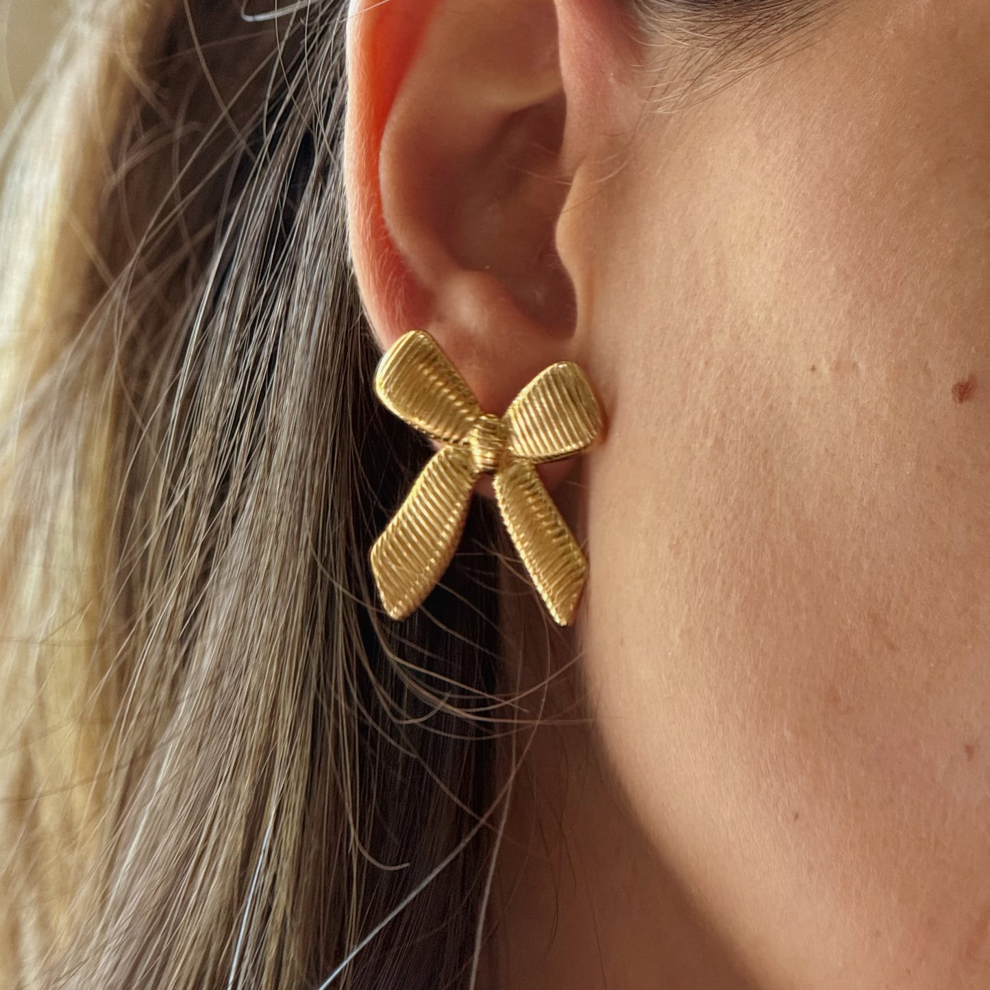 Golden Bow Studs | Textured Ribbon Design