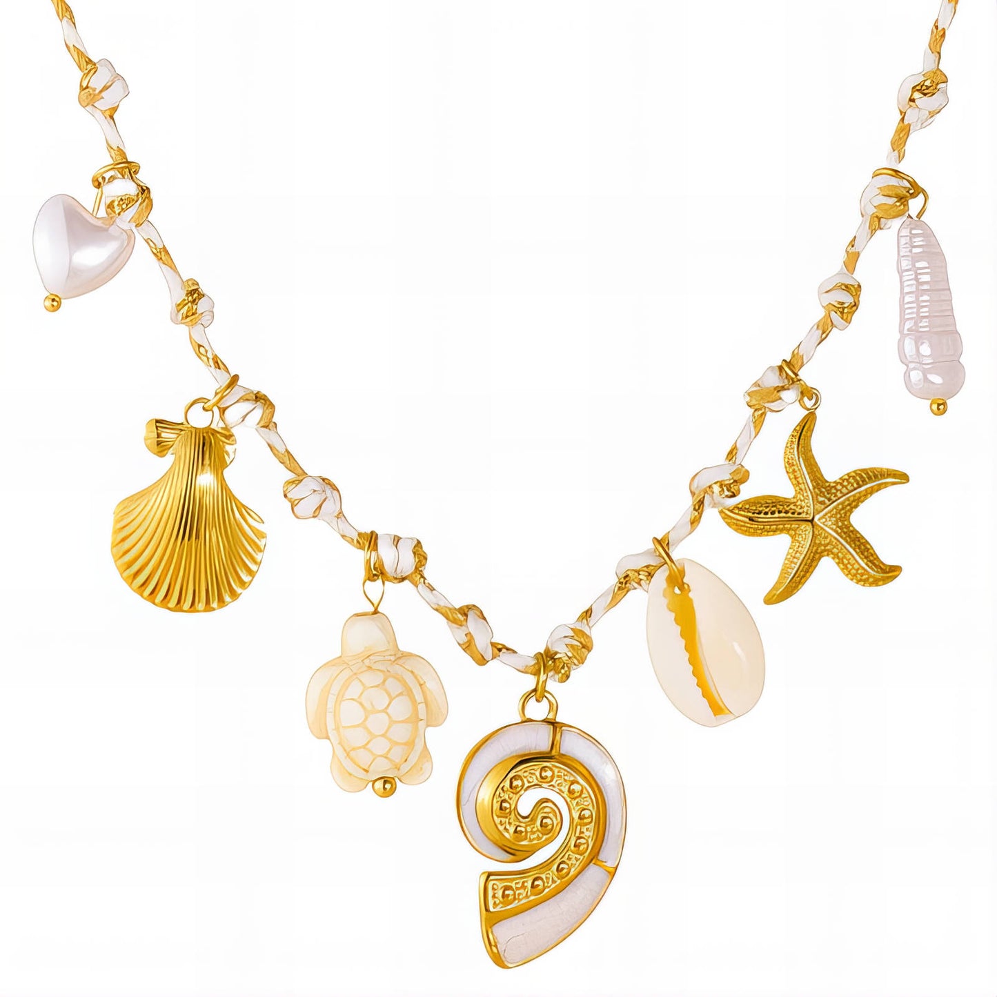 Starfish and Seashell Necklace, 18K Gold Plated Steel