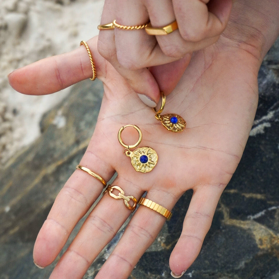 Deep Ocean Hoops in gold congo design — waterproof 18K gold plated stainless steel hoops from BR Jewelry.