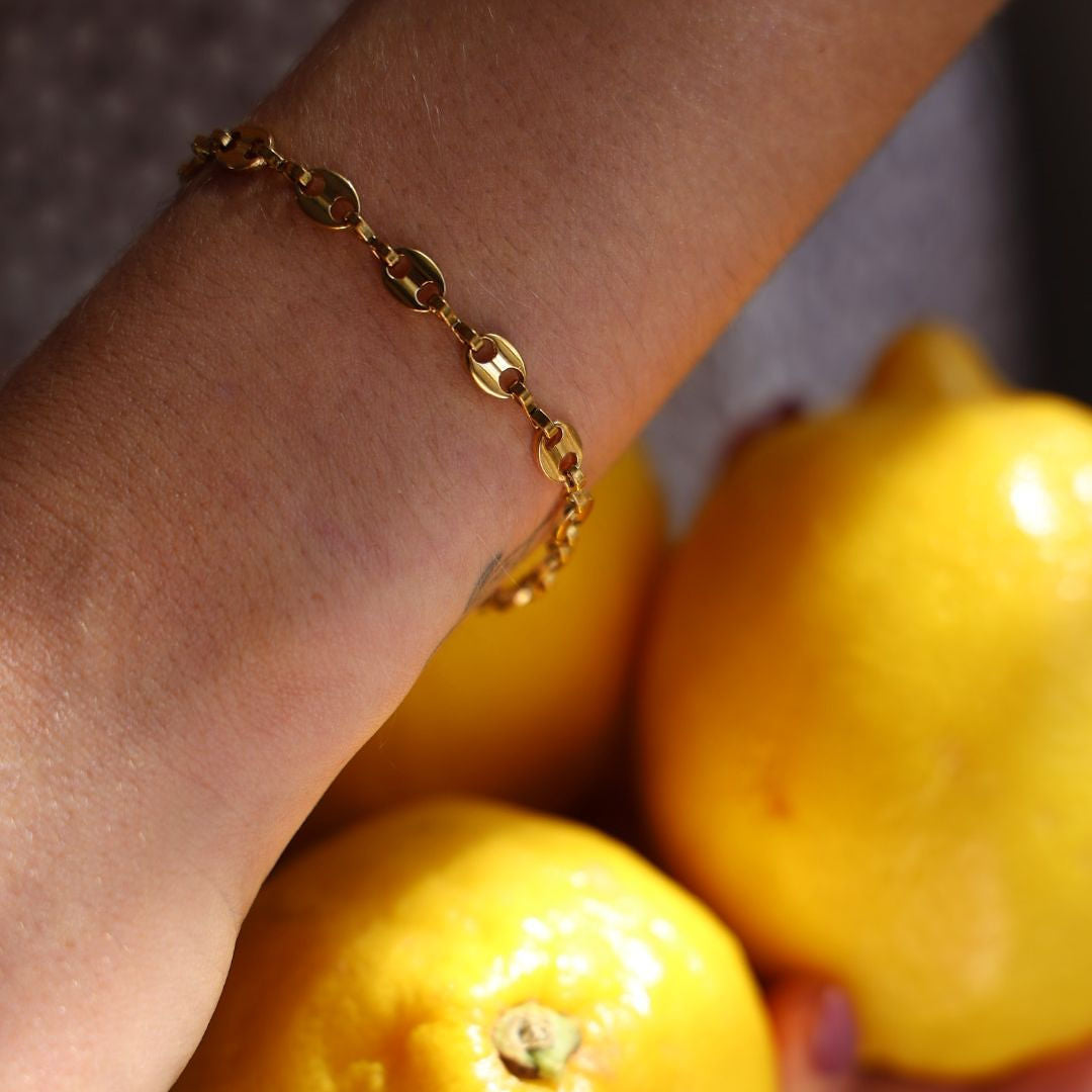 Hand wearing a gold bracelet holding lemons with a blurred background