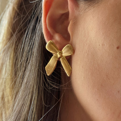 Golden Bow Studs | Textured Ribbon Design