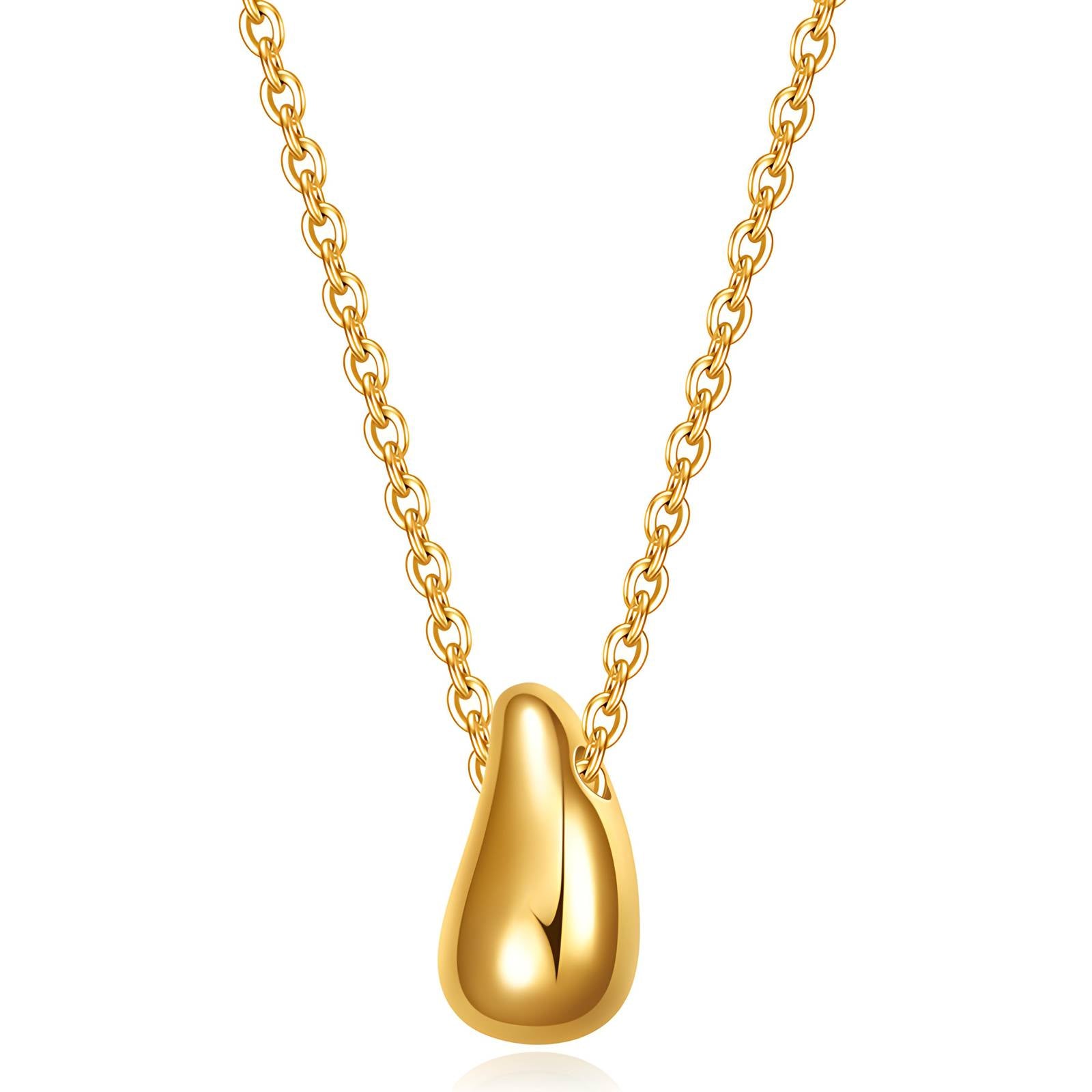Gold necklace with a teardrop-shaped pendant on a white background