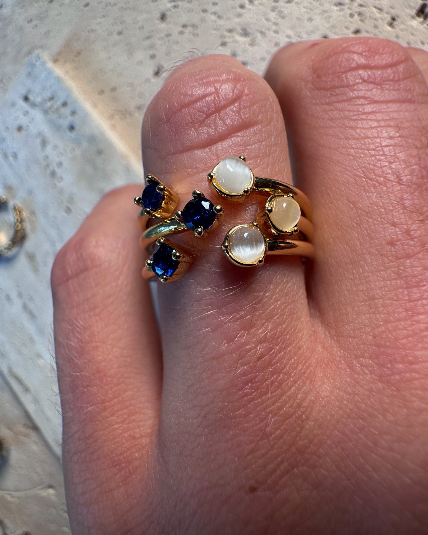 Baby Blue Ring – Open Band Gold Ring with Blue Sapphire and Moonstone