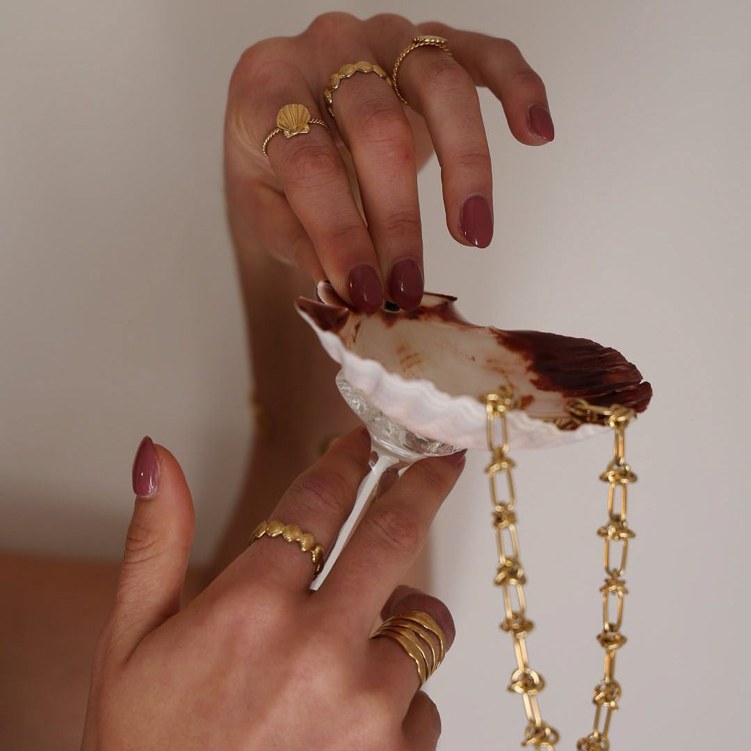 Hand holding a decorative shell with a gold chain against a plain background